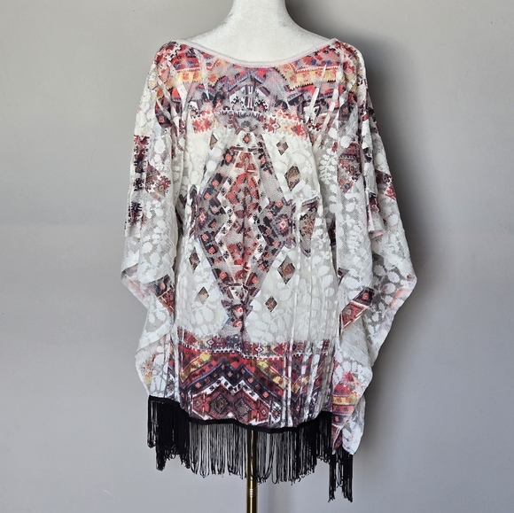 Western Boho Lightweight Poncho Top Swim Beach Coverup with Fringe O/S - Picture 3 of 7